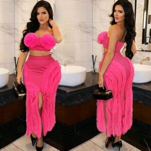 NWT Sexy Barbiecore Mesh Ruffle Cropped Tube Top And Slit Mini Skirt Set Sz M